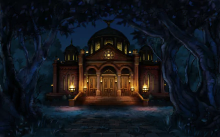 HD PC desktop wallpaper from the Professor Layton video game: an ornate, lantern-lit mansion at night framed by dark trees with a stone path leading to its steps.
