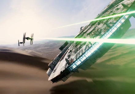 A high-definition desktop wallpaper featuring a scene from Star Wars Episode VII: The Force Awakens, showing the Millennium Falcon evading green laser fire from a pursuing TIE Fighter over a desert.