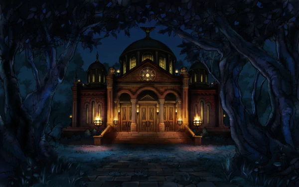 HD PC desktop wallpaper from the Professor Layton video game: an ornate, lantern-lit mansion at night framed by dark trees with a stone path leading to its steps.