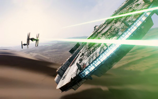 A high-definition desktop wallpaper featuring a scene from Star Wars Episode VII: The Force Awakens, showing the Millennium Falcon evading green laser fire from a pursuing TIE Fighter over a desert.