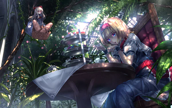 HD anime wallpaper featuring Alice Margatroid and Shanghai from Touhou, set in a lush, sunlit garden with intricate details and vibrant colors.