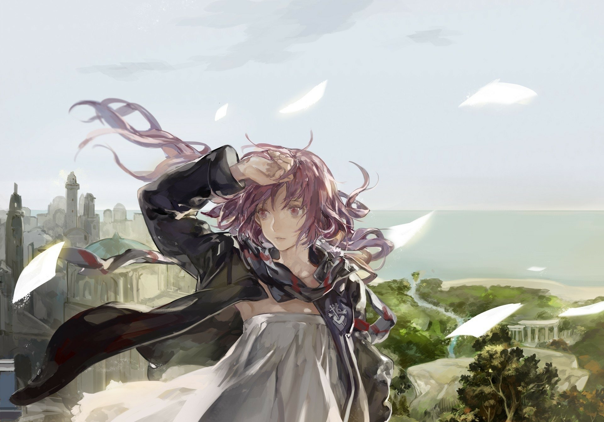 A striking HD wallpaper from Pixiv Fantasia FK features a character overlooking a serene sea and cityscape, embodying the themes of adventure and fantasy in this anime world.