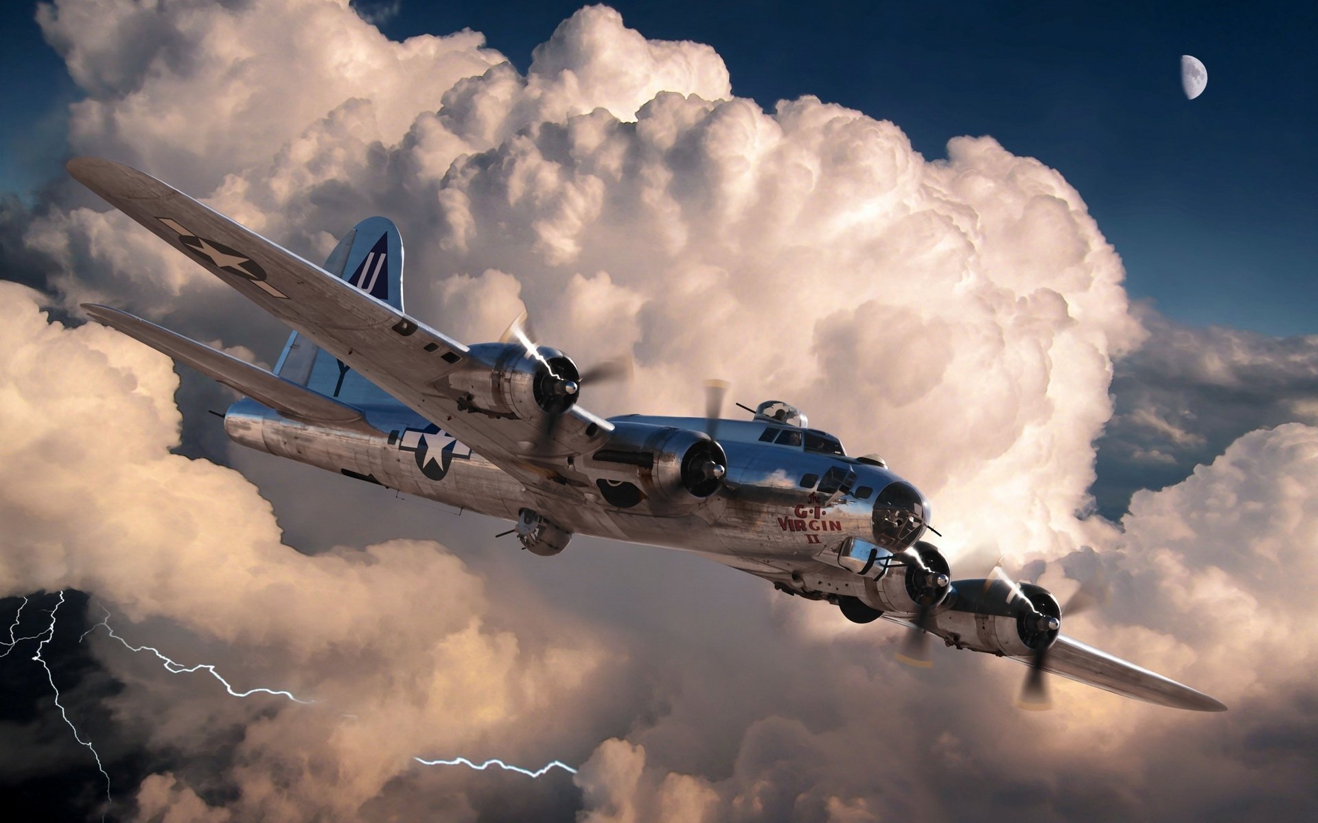 HD desktop wallpaper of a military Boeing B-17 Flying Fortress soaring through dramatic clouds with lightning and a moon in the background.