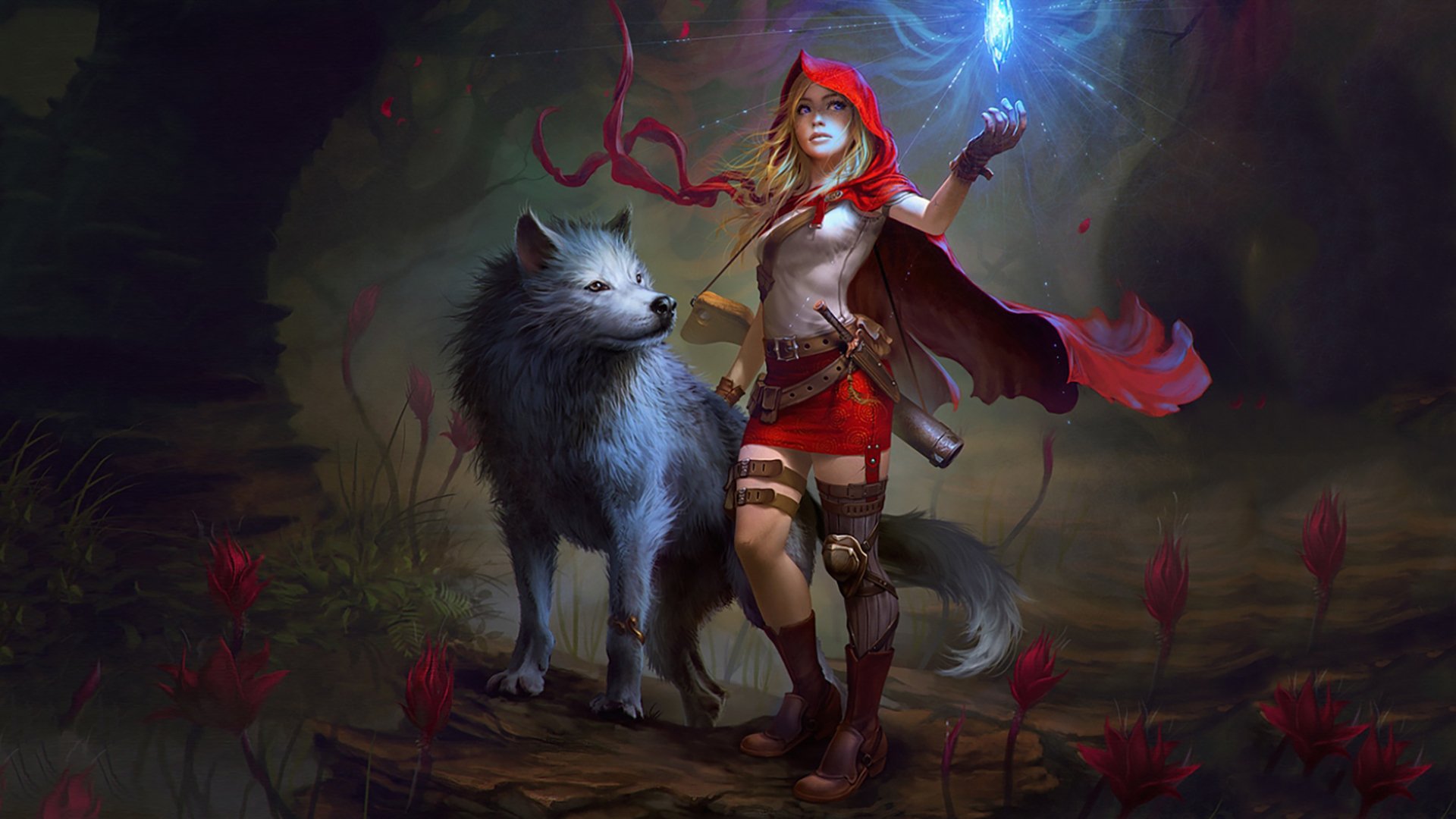 HD desktop wallpaper featuring a red-hooded character and a large wolf in a dark, mystical forest from the video game Dragon Fin Soup.