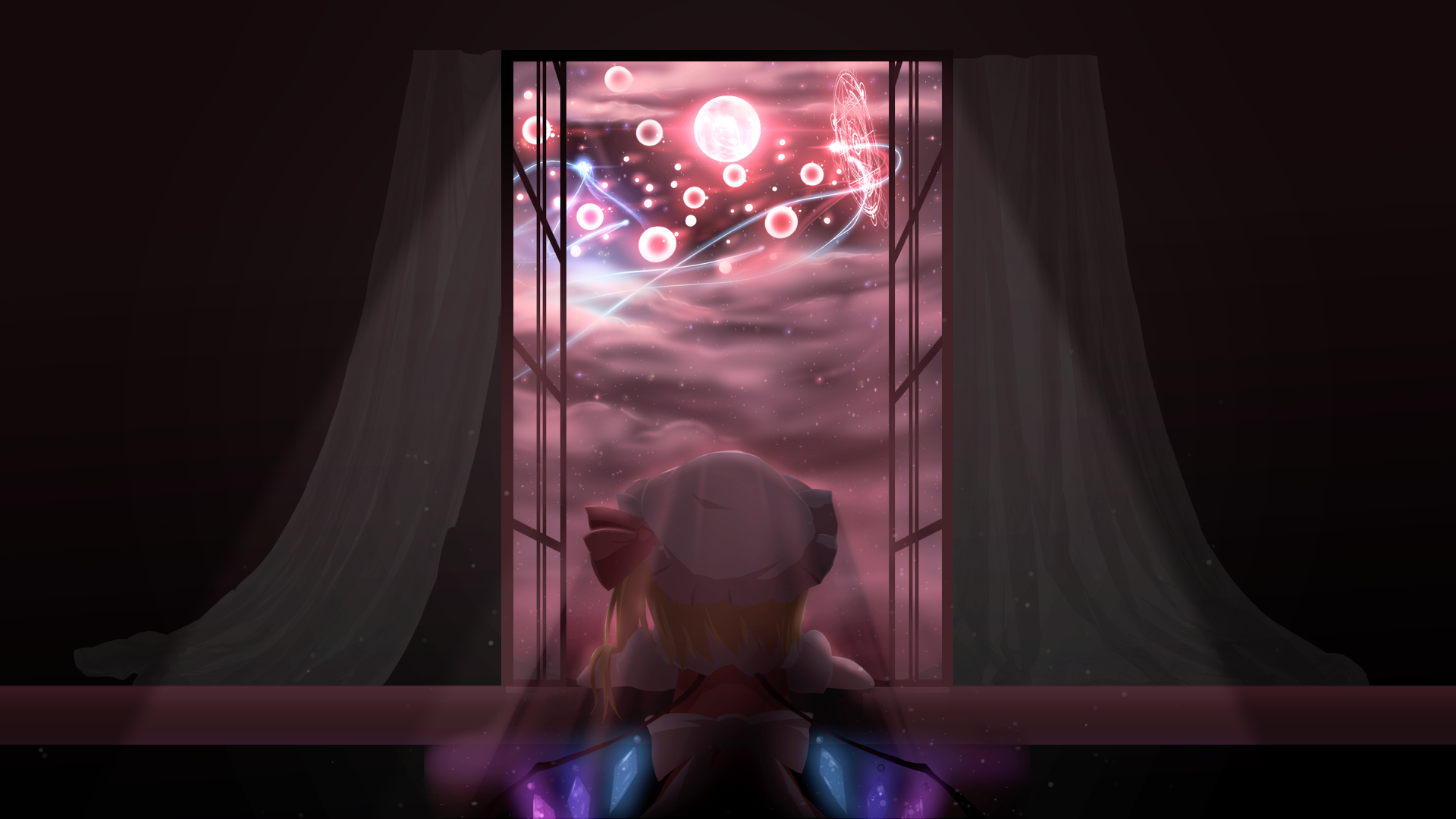 Flandre Scarlet gazes out a window at a glowing, surreal night sky filled with floating orbs, in an HD Touhou anime desktop wallpaper.