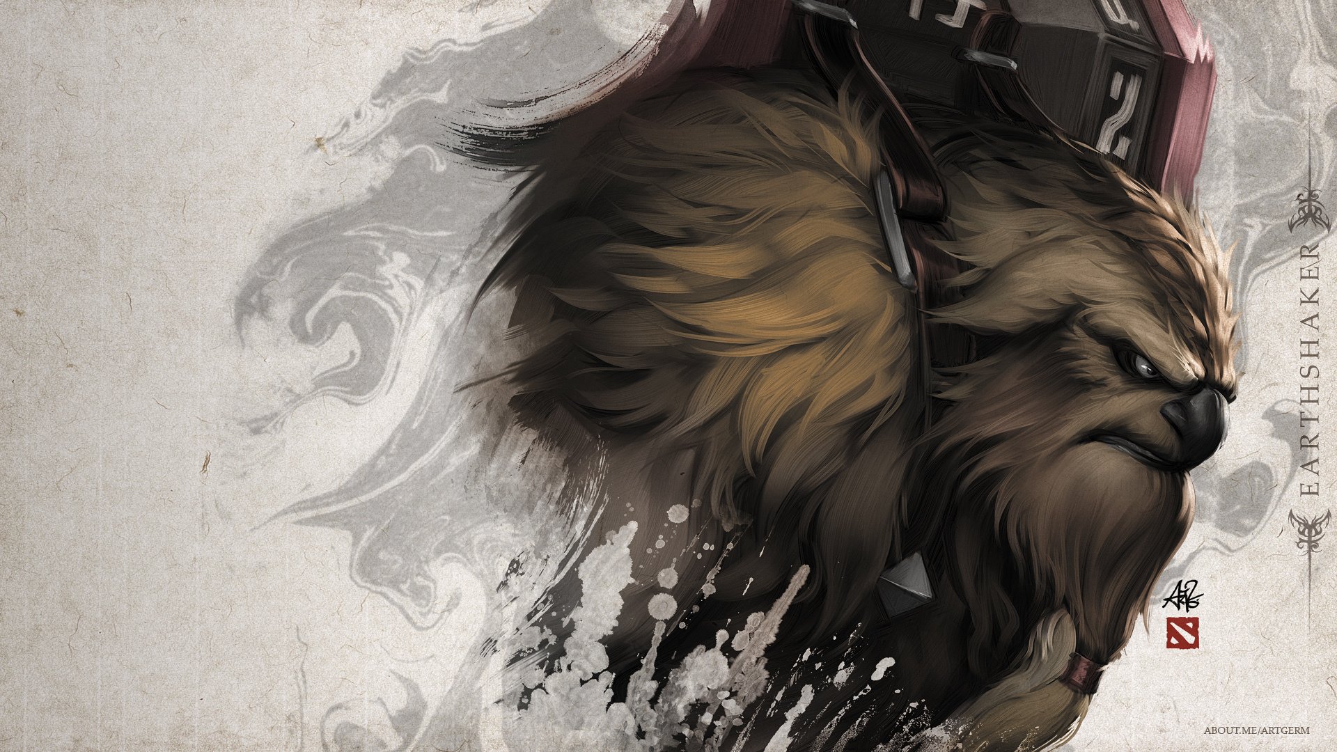 HD PC desktop wallpaper featuring a detailed, dynamic illustration of a fierce character from the video game DotA 2, with smoky and textured artistic effects.