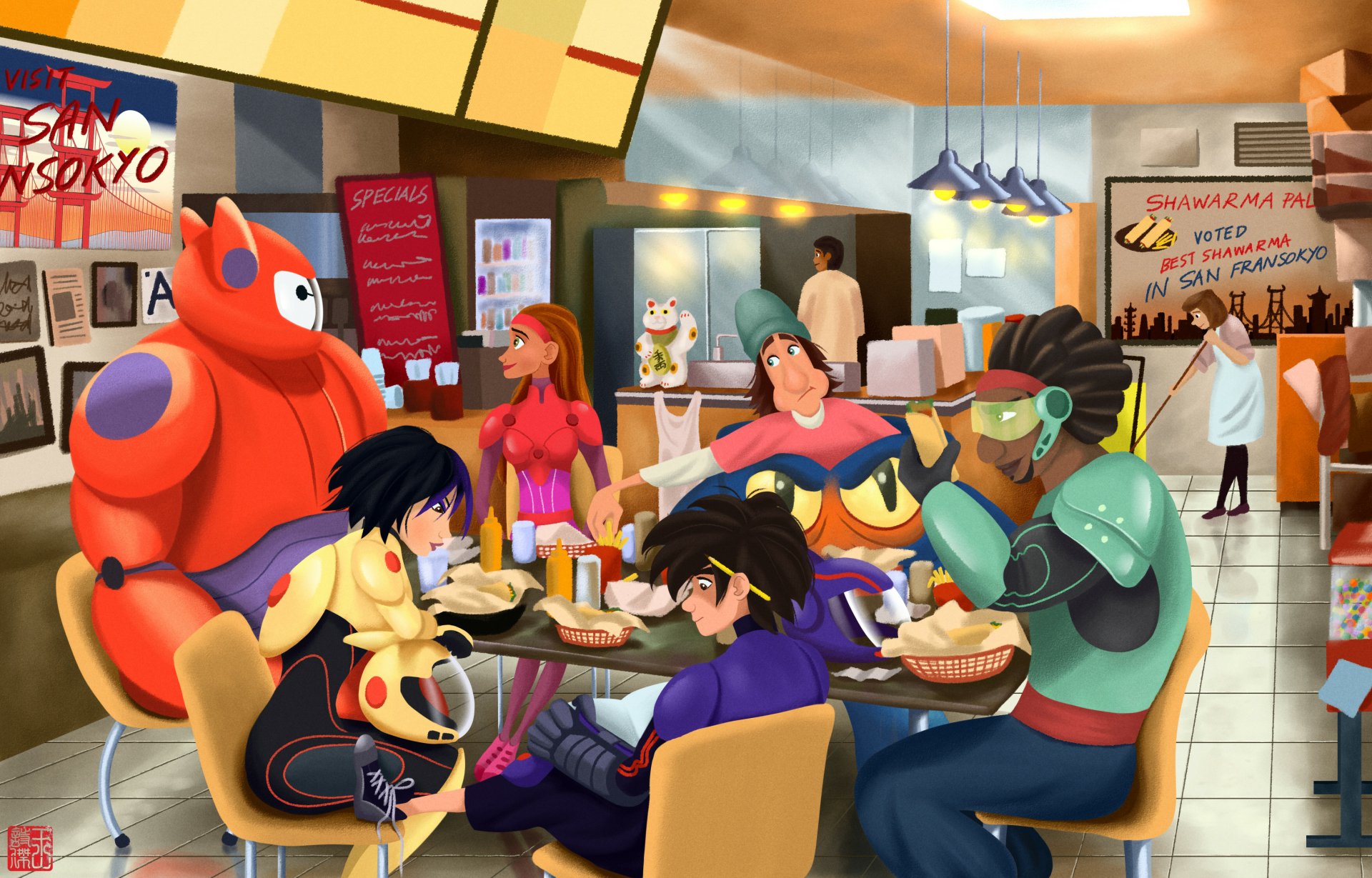 HD PC desktop wallpaper featuring characters from the movie Big Hero 6 sharing a meal in a lively café setting.