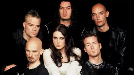 HD desktop wallpaper: moody portrait of six musicians with a female lead centered against a dark background; image tagged music and Within Temptation.