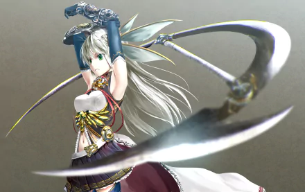 HD PC desktop wallpaper featuring an original anime character wielding a large scythe, dressed in ornate armor with long white hair flowing dynamically.