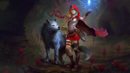 HD desktop wallpaper featuring a red-hooded character and a large wolf in a dark, mystical forest from the video game Dragon Fin Soup.