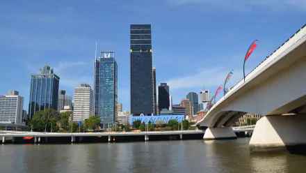 HD desktop wallpaper showcasing Brisbane's cityscape with the State Law Building, Victoria Bridge spanning the river, and surrounding skyscrapers under a clear sky.