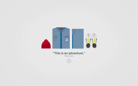 Minimalist 2K desktop wallpaper inspired by Wes Anderson's The Life Aquatic: red beanie, blue jacket, yellow-accented diving shoes and the quote This is an adventure.
