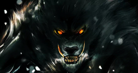 A dark and menacing werewolf emerges, eyes glowing orange and teeth bared, creating a striking HD PC desktop wallpaper that captures a fierce and powerful presence.