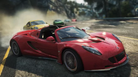 HD PC desktop wallpaper showing a red convertible sports car drifting past rivals on a sunlit mountain road — video game scene from Need for Speed: Most Wanted (2012).