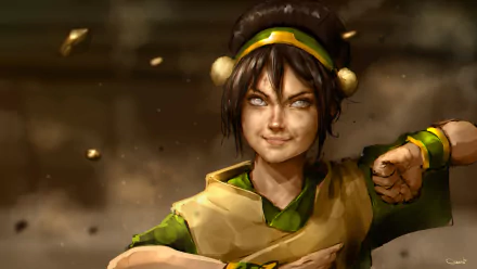 Anime HD PC desktop wallpaper/background of Avatar: The Last Airbender — Toph in green, earthbending pose with levitating rocks and a determined smile.