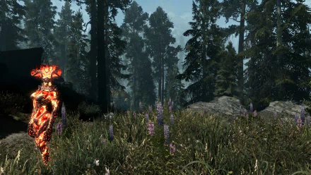 HD desktop wallpaper from The Elder Scrolls V: Skyrim featuring a fiery female figure standing in a forest clearing with wildflowers and tall pine trees.