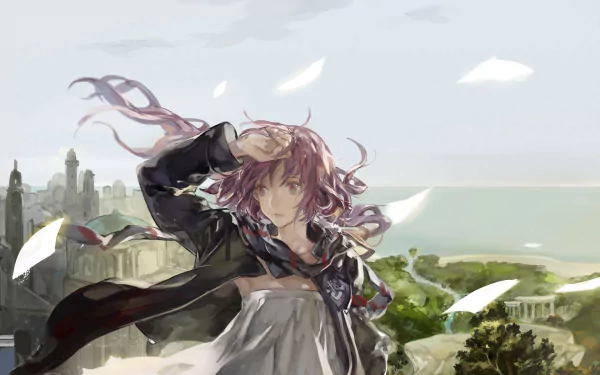 A striking HD wallpaper from Pixiv Fantasia FK features a character overlooking a serene sea and cityscape, embodying the themes of adventure and fantasy in this anime world.