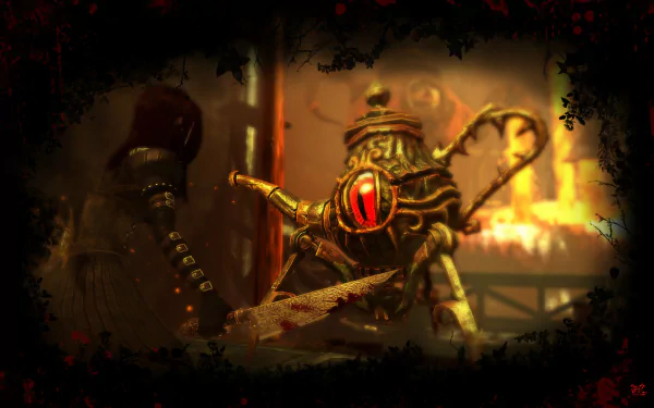 HD PC desktop wallpaper from the video game Alice: Madness Returns showing a twisted steampunk teapot creature with a glowing red eye and silhouetted Alice in a dark, blood-framed scene.