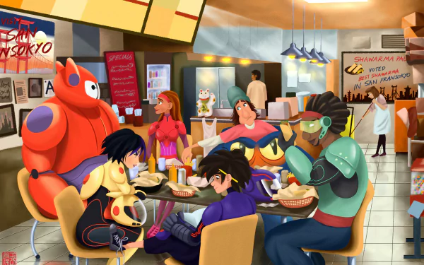 HD PC desktop wallpaper featuring characters from the movie Big Hero 6 sharing a meal in a lively café setting.