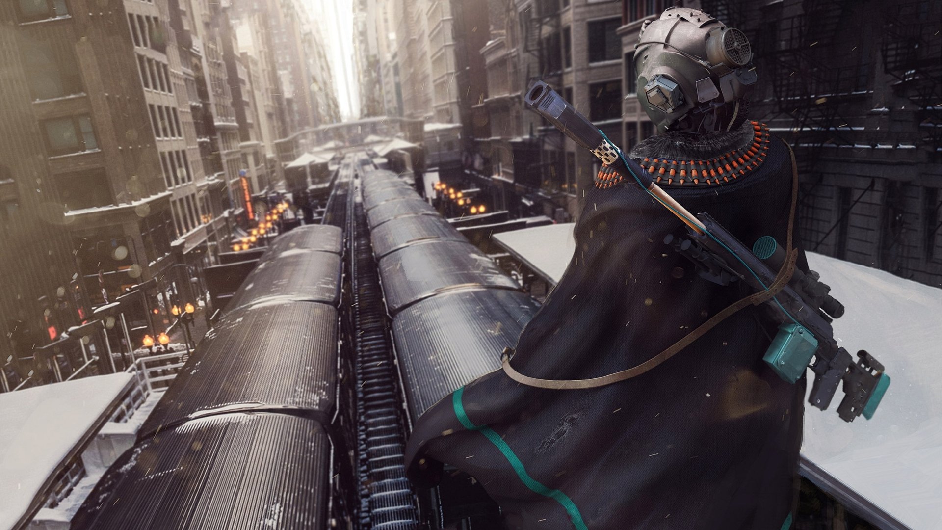 Sci-fi themed HD desktop wallpaper featuring a futuristic warrior overlooking a dystopian cityscape from atop a train.