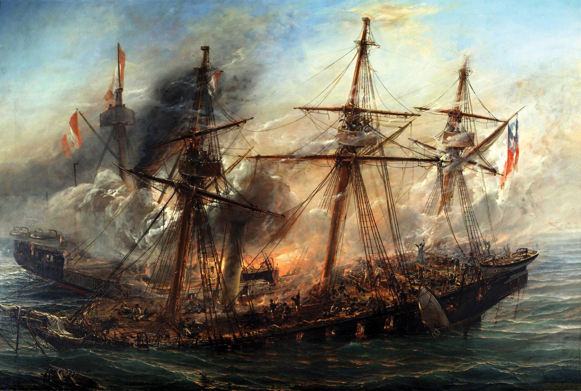 HD PC desktop wallpaper depicting a dramatic military naval battle with warships exchanging cannon fire amid smoke and chaos on the sea.