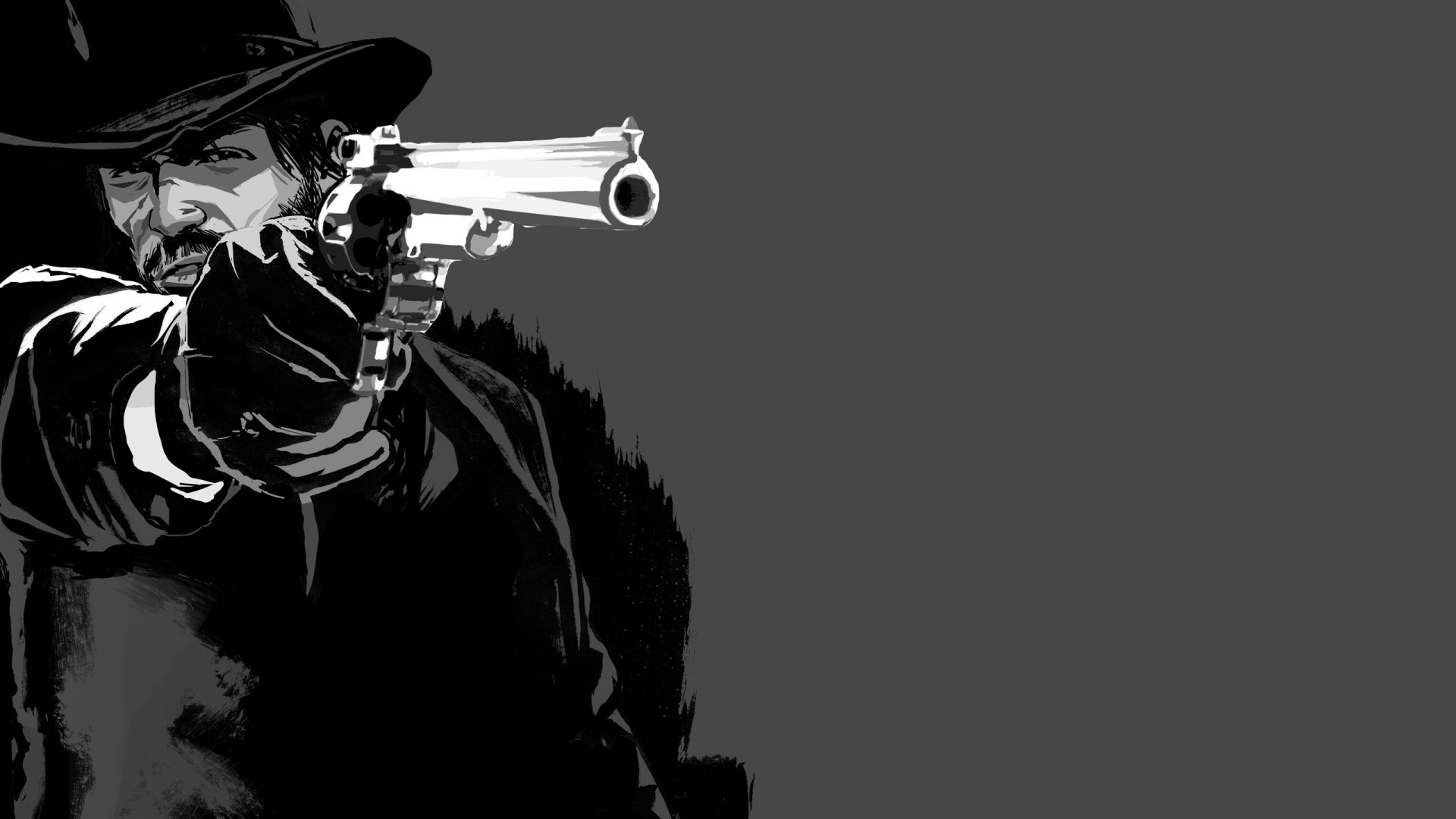 HD PC desktop wallpaper featuring a stylized, monochrome illustration from the video game Red Dead Redemption with a cowboy aiming a revolver.