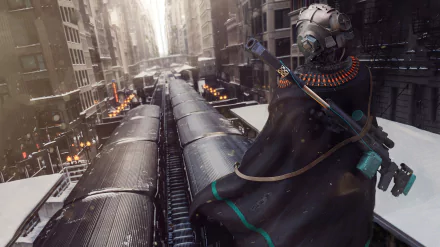 Sci-fi themed HD desktop wallpaper featuring a futuristic warrior overlooking a dystopian cityscape from atop a train.