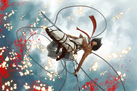 HD desktop wallpaper of Mikasa Ackerman from Attack on Titan, depicted in dynamic mid-air combat against a vivid, splattered red and blue sky background.
