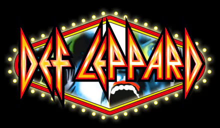 Def Leppard logo with bold red and yellow design illuminated by bright lights, set against a dark background in 4K Ultra HD quality for PC desktop use.