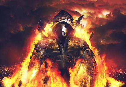 A dramatic HD wallpaper featuring Angerfist, shrouded in flames and darkness, exudes intensity and power, capturing the essence of music and fierce energy.