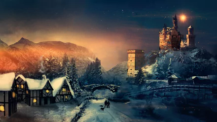 A serene winter landscape under a starry sky, featuring a cozy village, snow-covered trees, and a majestic castle, capturing the essence of a magical Christmas holiday.