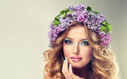 A woman with long, curly hair adorned with a lilac floral crown gently touches her face, radiating beauty against a soft background. A stunning HD desktop wallpaper.