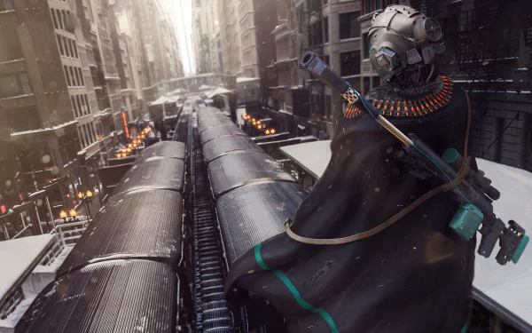 Sci-fi themed HD desktop wallpaper featuring a futuristic warrior overlooking a dystopian cityscape from atop a train.