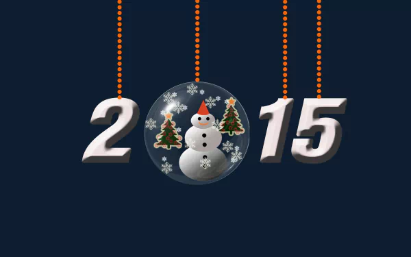HD PC desktop wallpaper featuring hanging ornaments forming 2015 with a snowman and Christmas trees, celebrating New Year holiday 2015.