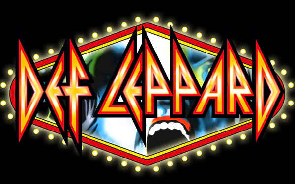 Def Leppard logo with bold red and yellow design illuminated by bright lights, set against a dark background in 4K Ultra HD quality for PC desktop use.