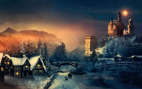 A serene winter landscape under a starry sky, featuring a cozy village, snow-covered trees, and a majestic castle, capturing the essence of a magical Christmas holiday.