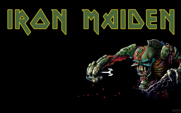 A vibrant HD desktop wallpaper featuring Iron Maiden's iconic artwork, showcasing a menacing creature against a dark background with the band's logo prominently displayed.