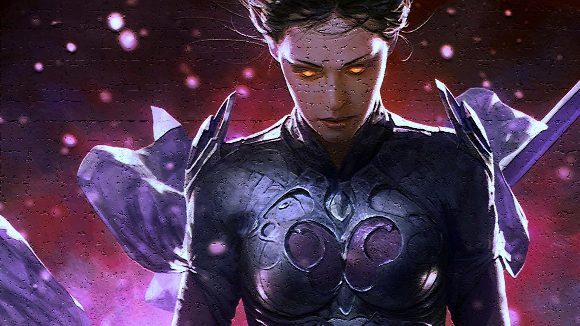 HD fantasy PC desktop wallpaper featuring a fierce woman warrior with glowing eyes, clad in dark, ornate armor against a mystical, fiery background.