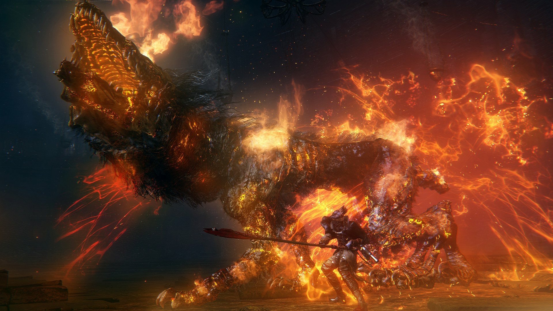 HD Bloodborne PC desktop wallpaper showing a fiery battle between a warrior and a massive, blazing beast in a dark, intense game environment.