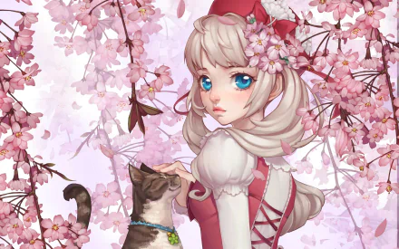 HD PC desktop wallpaper: original anime spring scene — blue-eyed girl in a red hood among pink sakura blossoms, gently embraced by an affectionate anime cat.