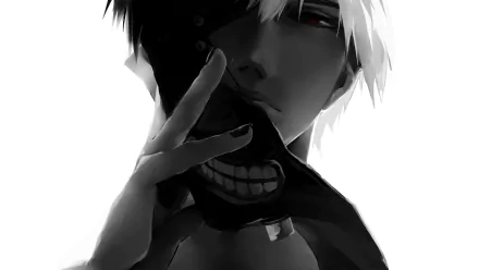 HD desktop wallpaper featuring Ken Kaneki from Tokyo Ghoul, depicted in a dramatic black and white close-up, touching his chin with a finger.