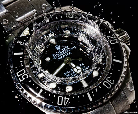 Close-up of a man-made Rolex Deepsea watch with water splashing over the face, captured in high definition for a striking PC desktop wallpaper background.
