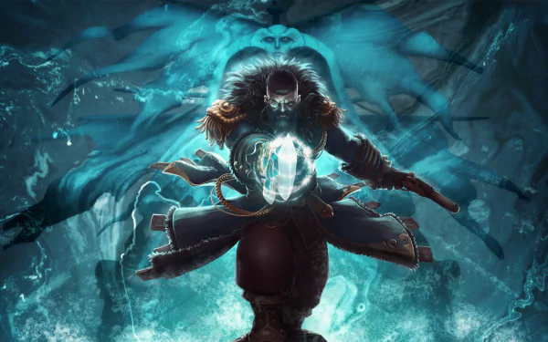 A striking HD wallpaper featuring Kunkka from DotA 2, wielding a glowing weapon against a mystical backdrop, embodying the essence of pirate adventures in a video game setting.