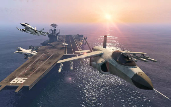 A stunning HD wallpaper from Grand Theft Auto V, featuring jet fighters soaring above a naval aircraft carrier during a vibrant sunset over the ocean.