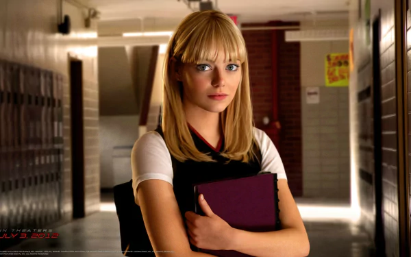 A young woman stands in a school hallway, holding a binder, with lockers in the background. This HD desktop wallpaper features a scene from *The Amazing Spider-Man*.