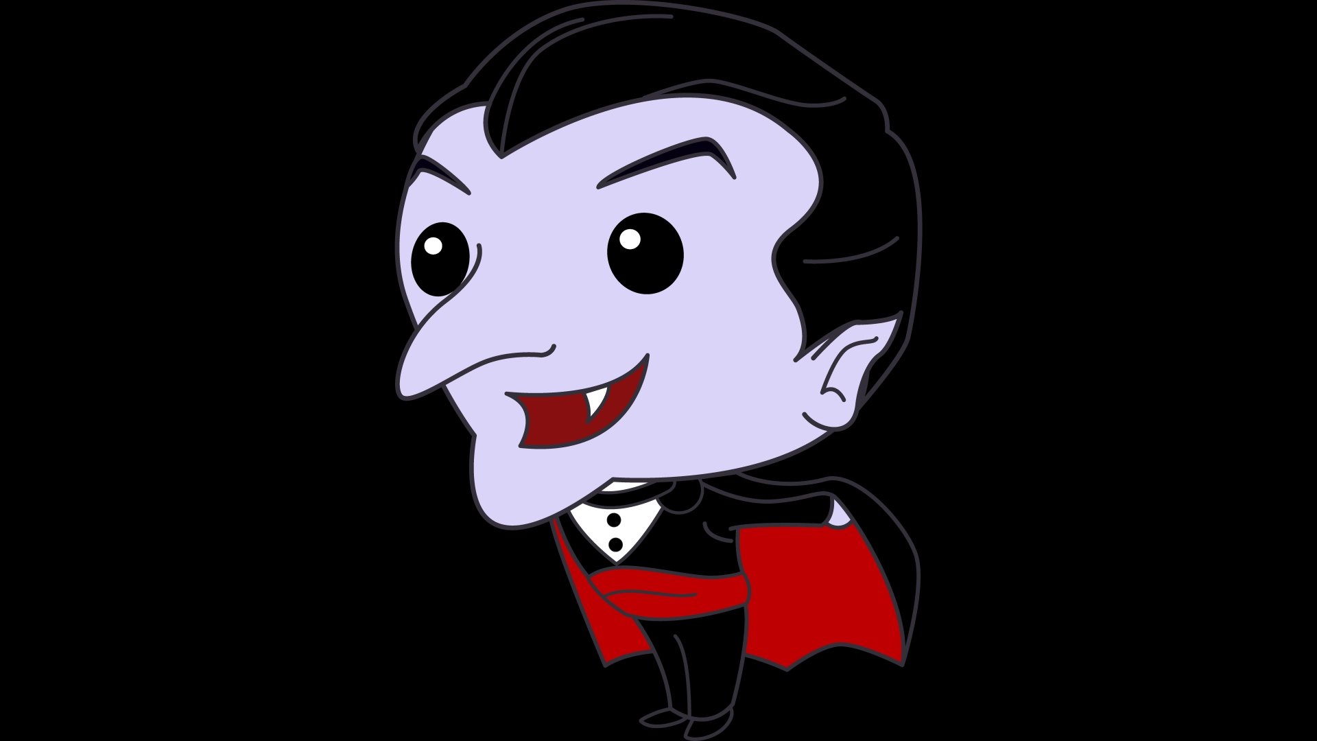 Dark 8K Ultra HD PC desktop wallpaper of a chibi purple-faced vampire in a tuxedo with a red-lined cape, smiling to show small fangs against a solid black background.