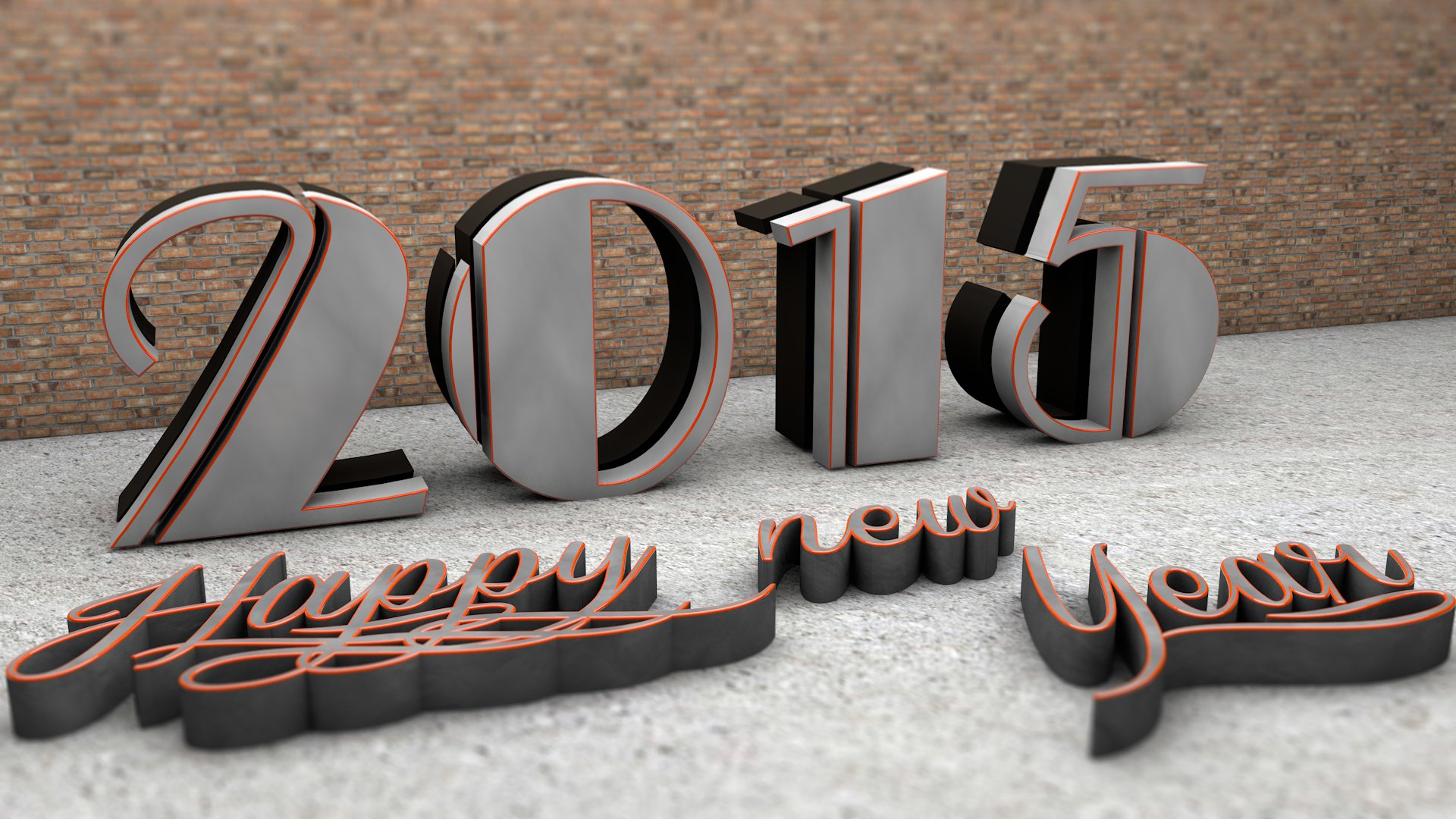 HD PC desktop wallpaper: 3D metallic 2015 on a concrete floor by a brick wall, with black-and-orange Happy New Year cursive — holiday New Year 2015 background.