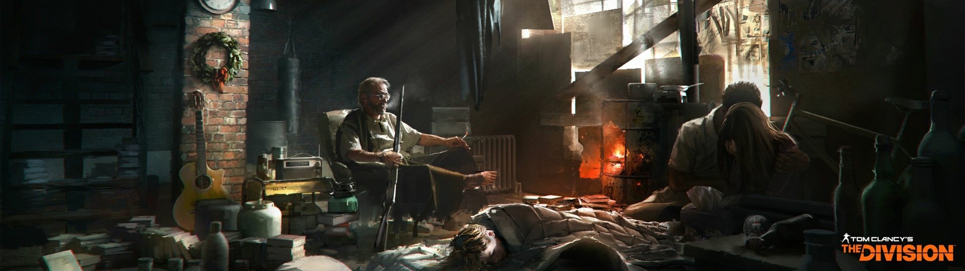 HD PC desktop wallpaper from the video game Tom Clancy's The Division, depicting a tense indoor scene with a man tending a fire and a figure lying on the floor.