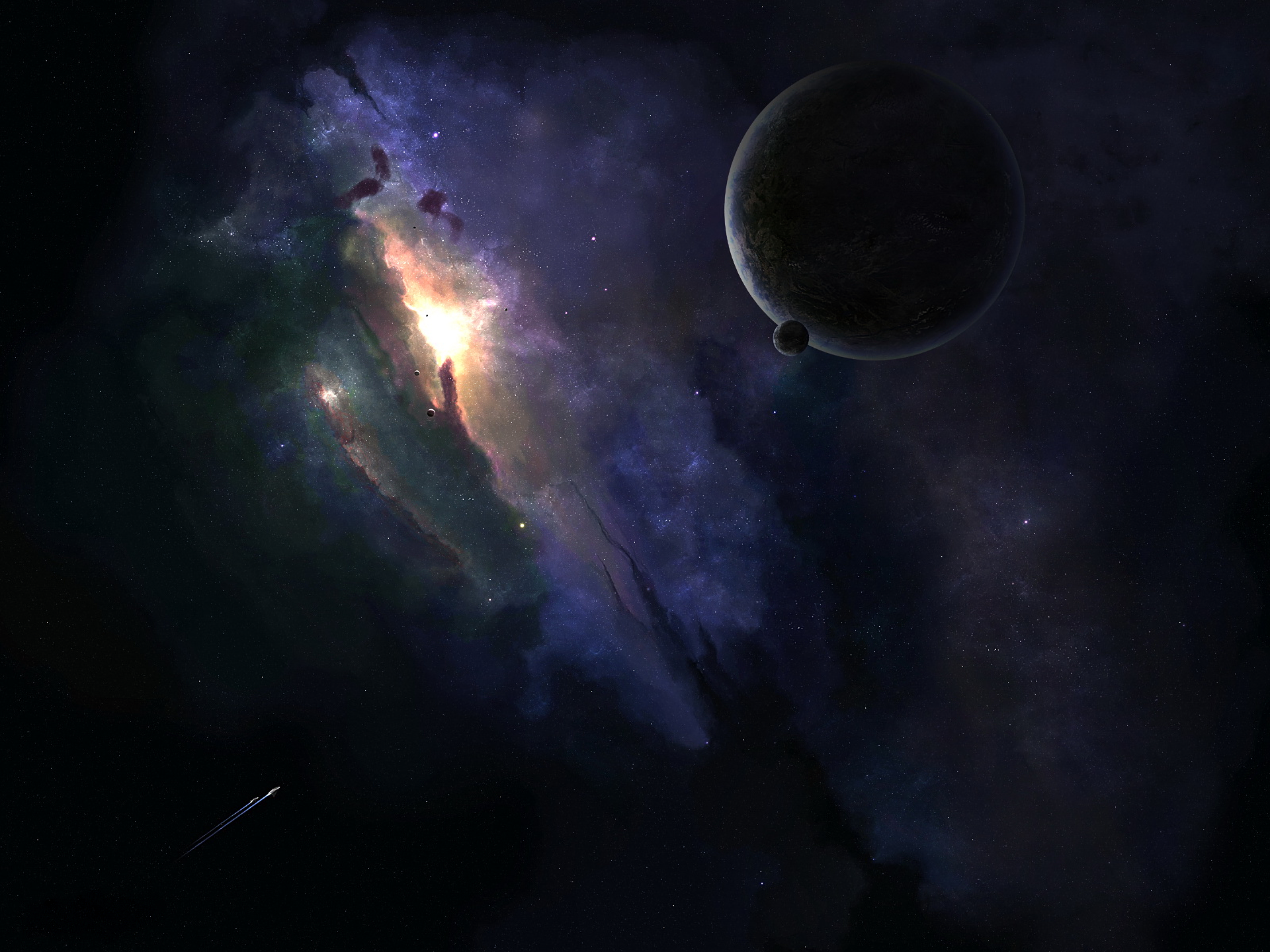 HD sci-fi desktop wallpaper featuring a dark planet with a smaller moon against a vivid cosmic nebula and star-filled space background.