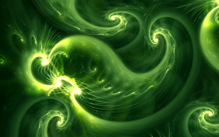 HD desktop wallpaper featuring an abstract design with glowing green swirls and light patterns.